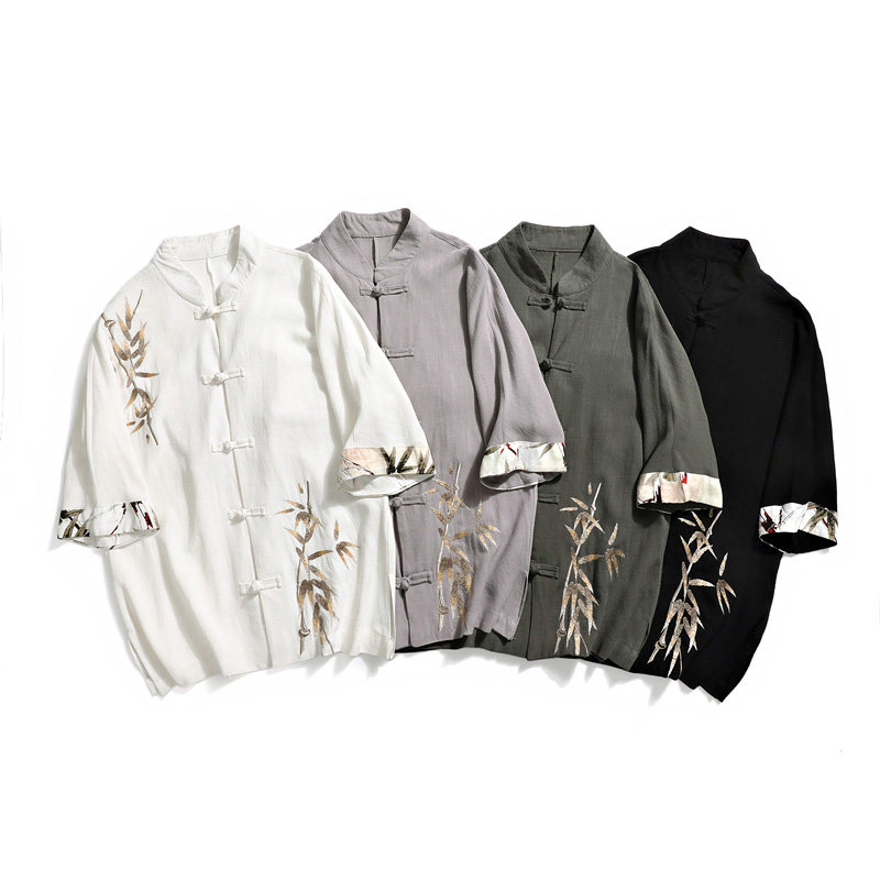 新中式亚麻盘扣五分袖衬衫竹叶刺绣拼接古装衬衣A087-1-YM616-P75，男装T恤，电商A087-1