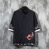 风春夏款锦鲤刺绣拼接盘扣五分袖宽松衬衫男A087-1-YM953-P65，男装T恤，电商A087-1