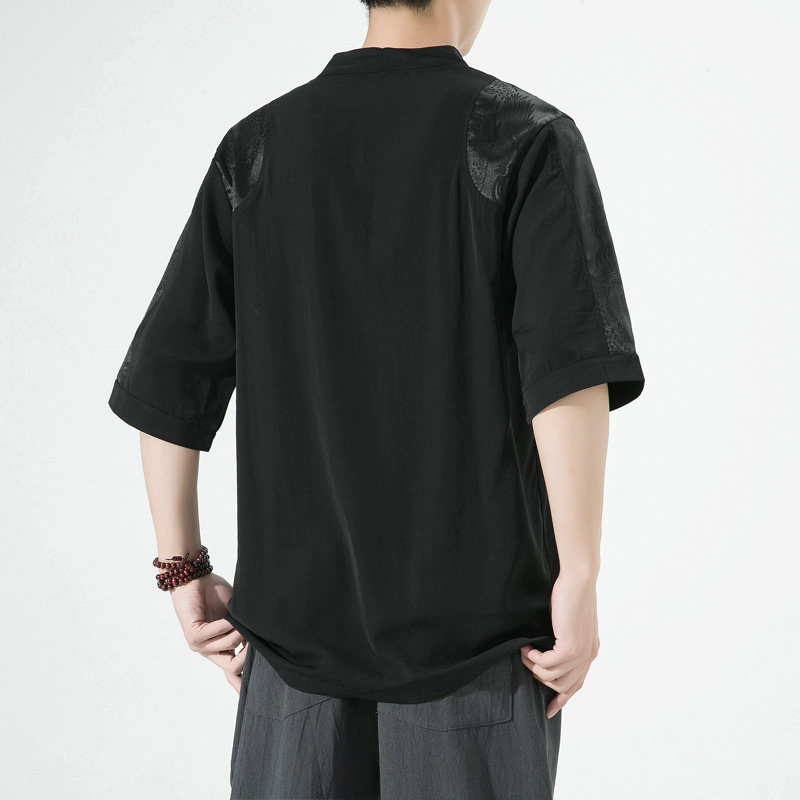 2025风春夏款拼接盘扣宽松汉服唐装短袖T恤A087-1-YM951-P55,男装T恤,电商A087-1