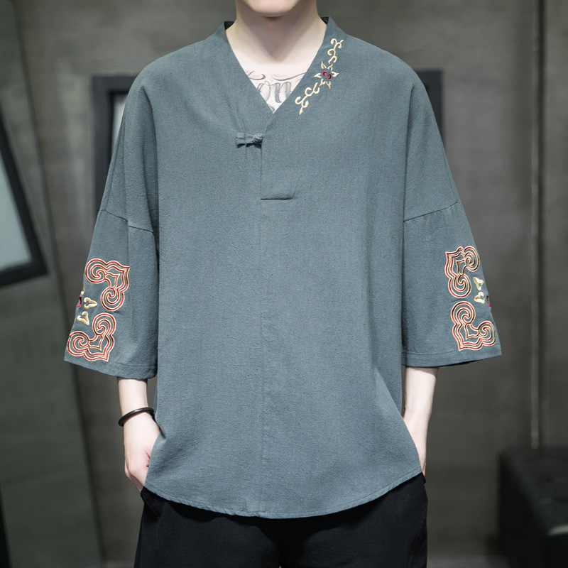 风2023新款复古刺绣V领盘扣T恤古风七分袖男A087-1-YM617-P55，男装T恤，电商A087-1(原4031)