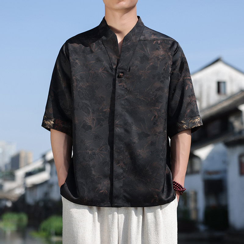 新中式半袖宽松落肩盘扣交领衬衫大气金竹短袖A087-1-YM665P75,男装T恤,电商A087-1