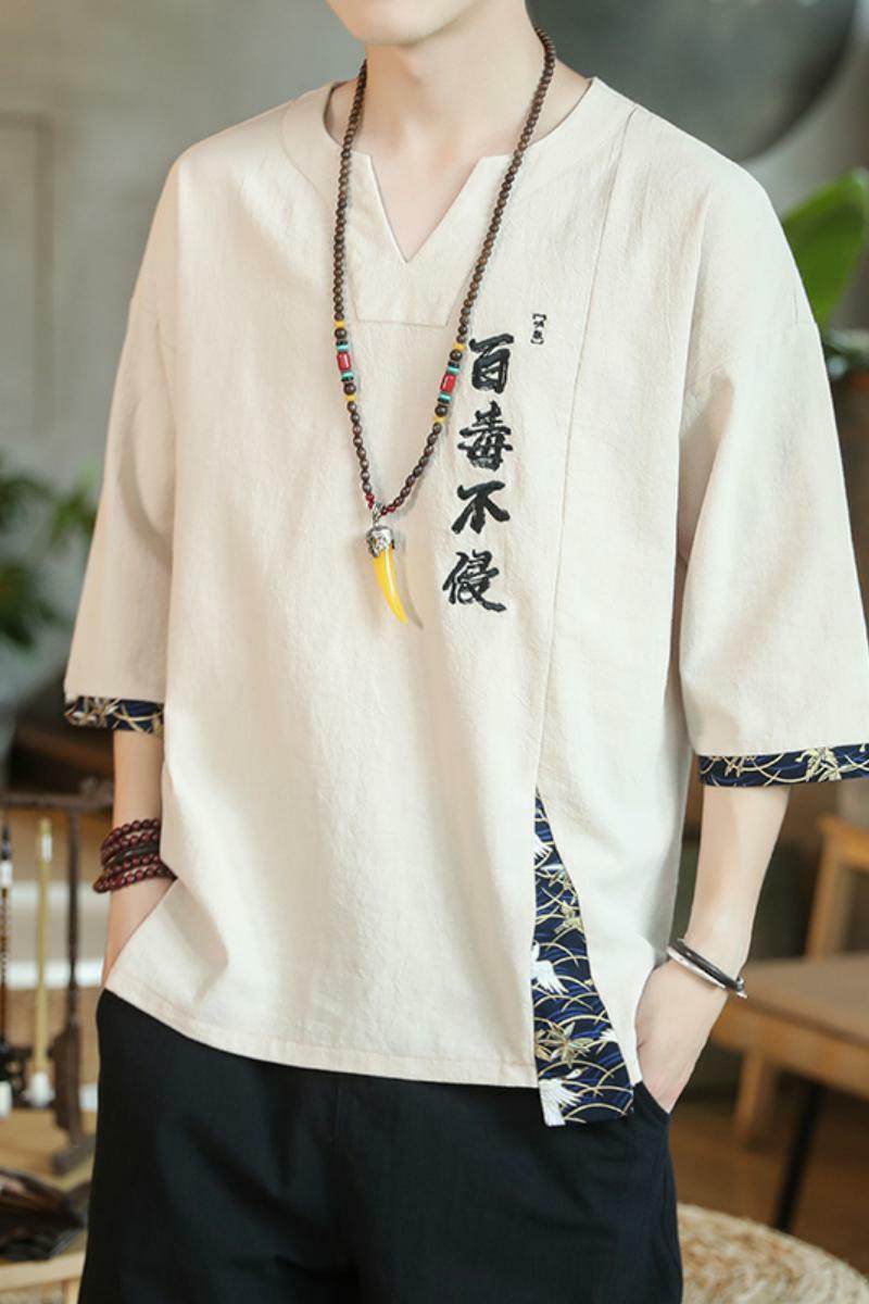 新中式风刺绣百毒不侵短袖t恤复古五分袖男A087-1-YM911-P55,男装T恤,电商A087-1