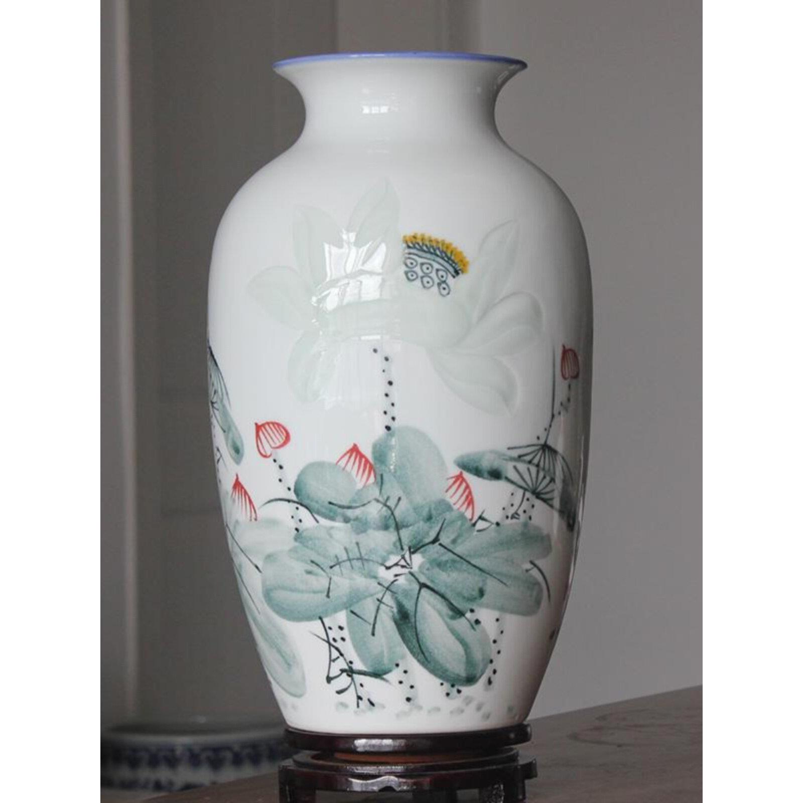 景德镇陶瓷手绘雕刻青花五彩花瓶家居客厅玄关电视柜中式插花摆件