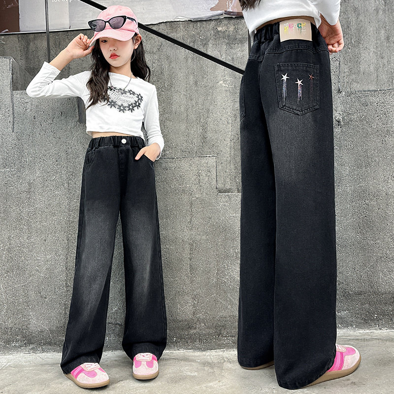 女童加绒裤子春秋款2024新款一体绒牛仔裤中大童儿童加厚春季黑色