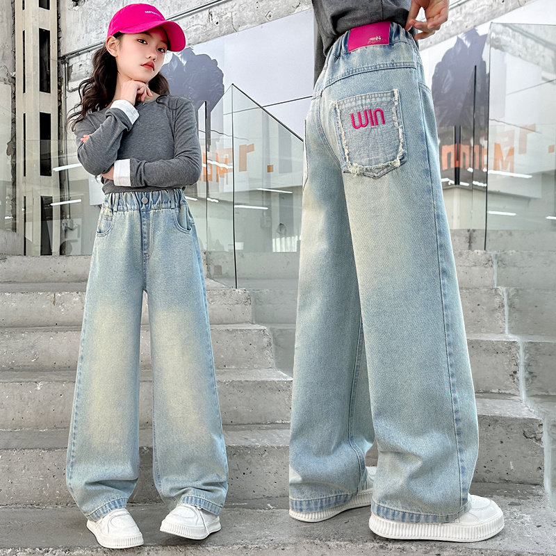 女童阔腿牛仔裤春秋款2025新款大童直筒阔裤子中学生春装儿童春款