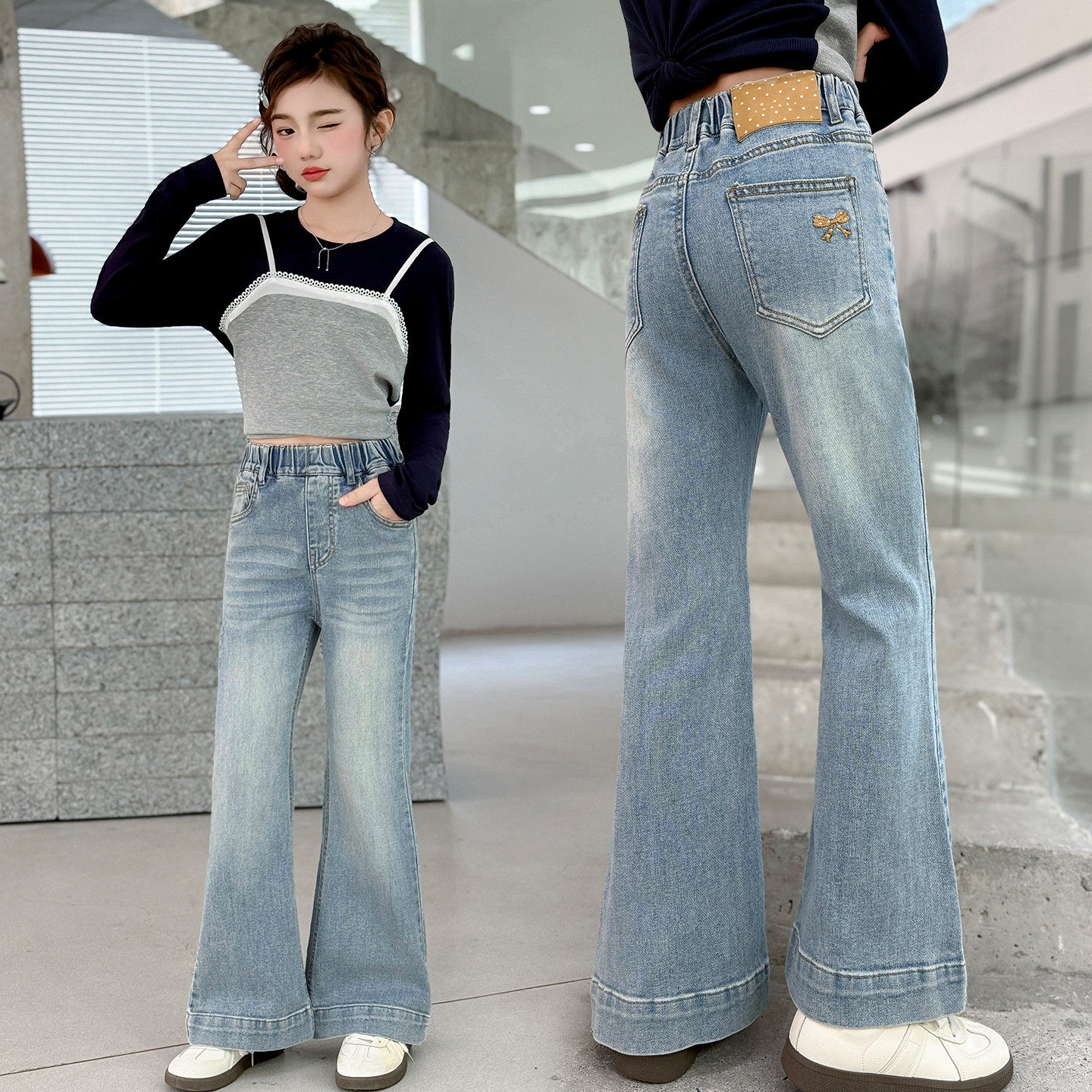 女童微喇牛仔裤2026新款春秋款洋气时髦中大童喇叭裤春装显瘦裤子