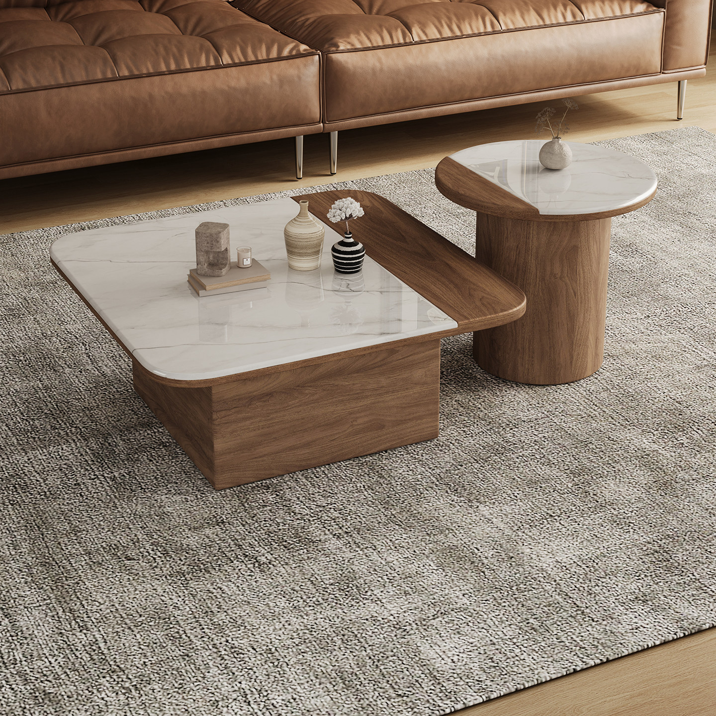 中古风微晶石茶几组合家用现代简约北欧小户型原木拼接色大小茶几