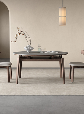 意式灰色岩板餐桌可伸缩圆形家用小户型饭桌椅现代简约实木圆餐桌