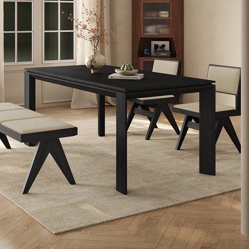 全实木餐桌家用小户型黑胡桃木皮长方形2026新款大板复古实木餐桌