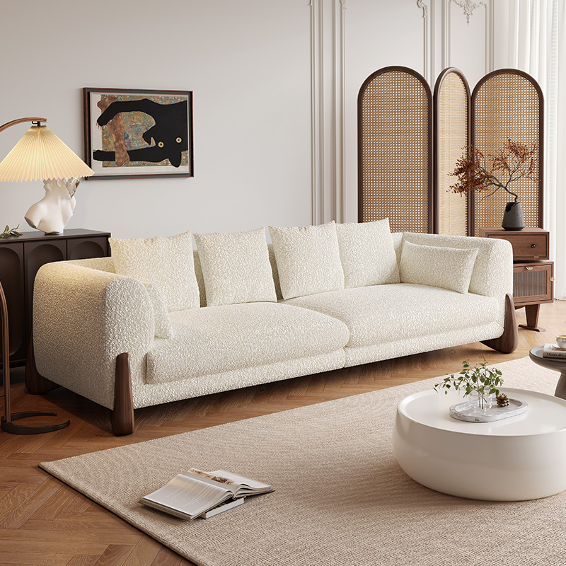 布艺沙发客厅客厅侘寂风大小户型中古泰迪绒奶油风三人位直排沙发