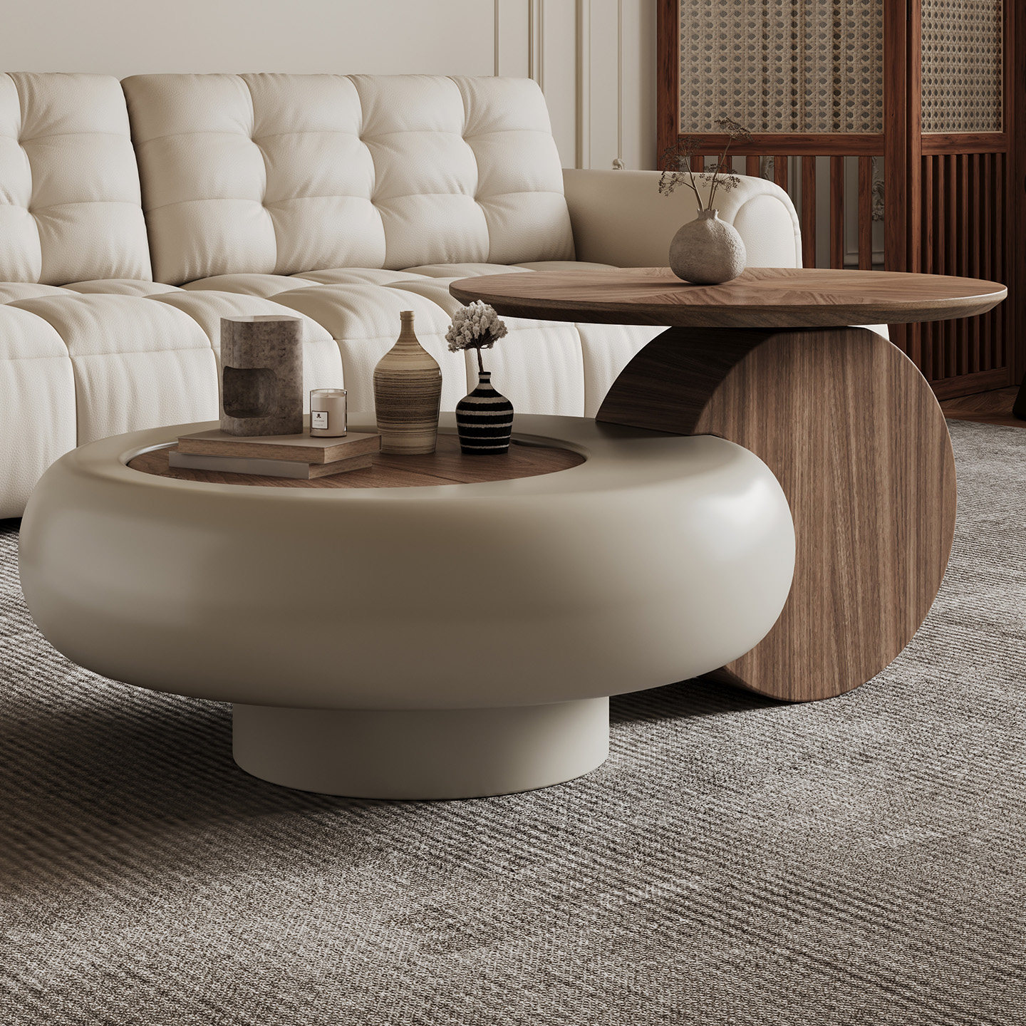 意式极简胡桃木纹圆形茶几小户型家用2025新款创意大小圆升降茶几