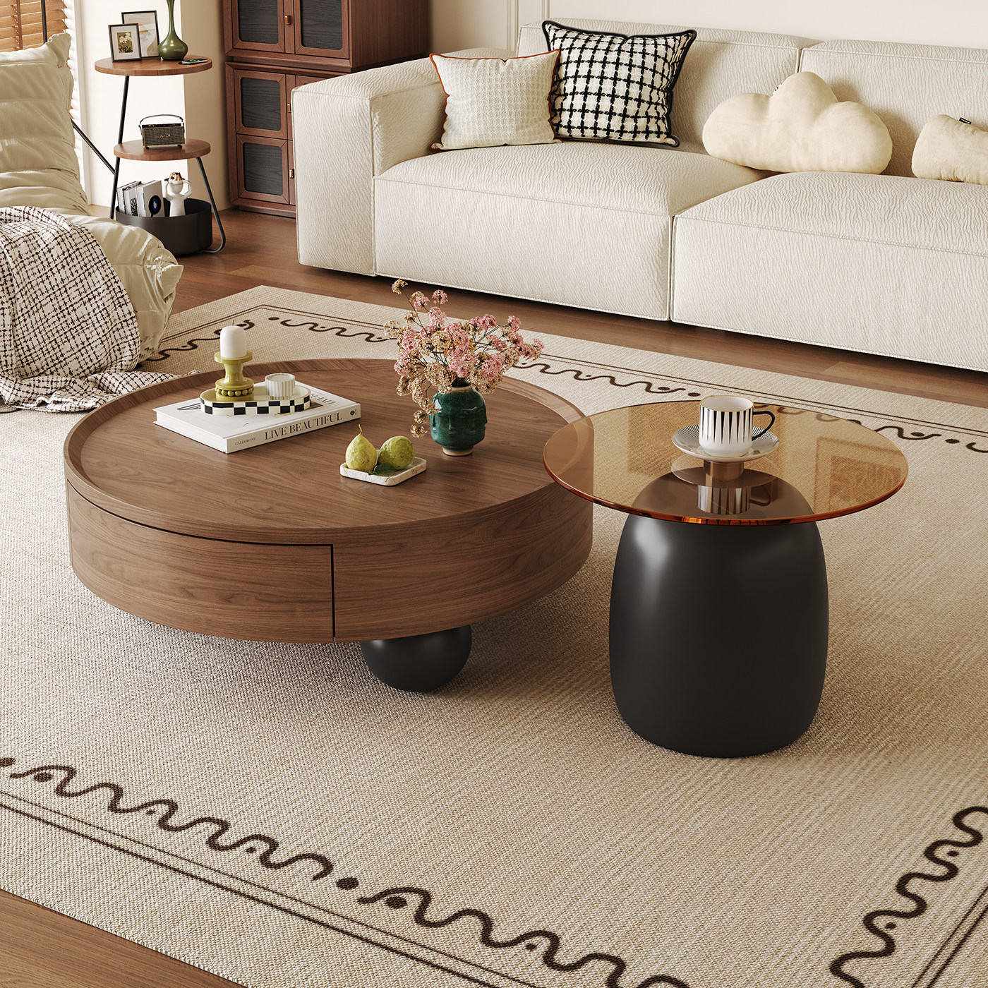 2026新款茶几组合中古风家用小户型客厅轻奢现代高级感大小圆茶几