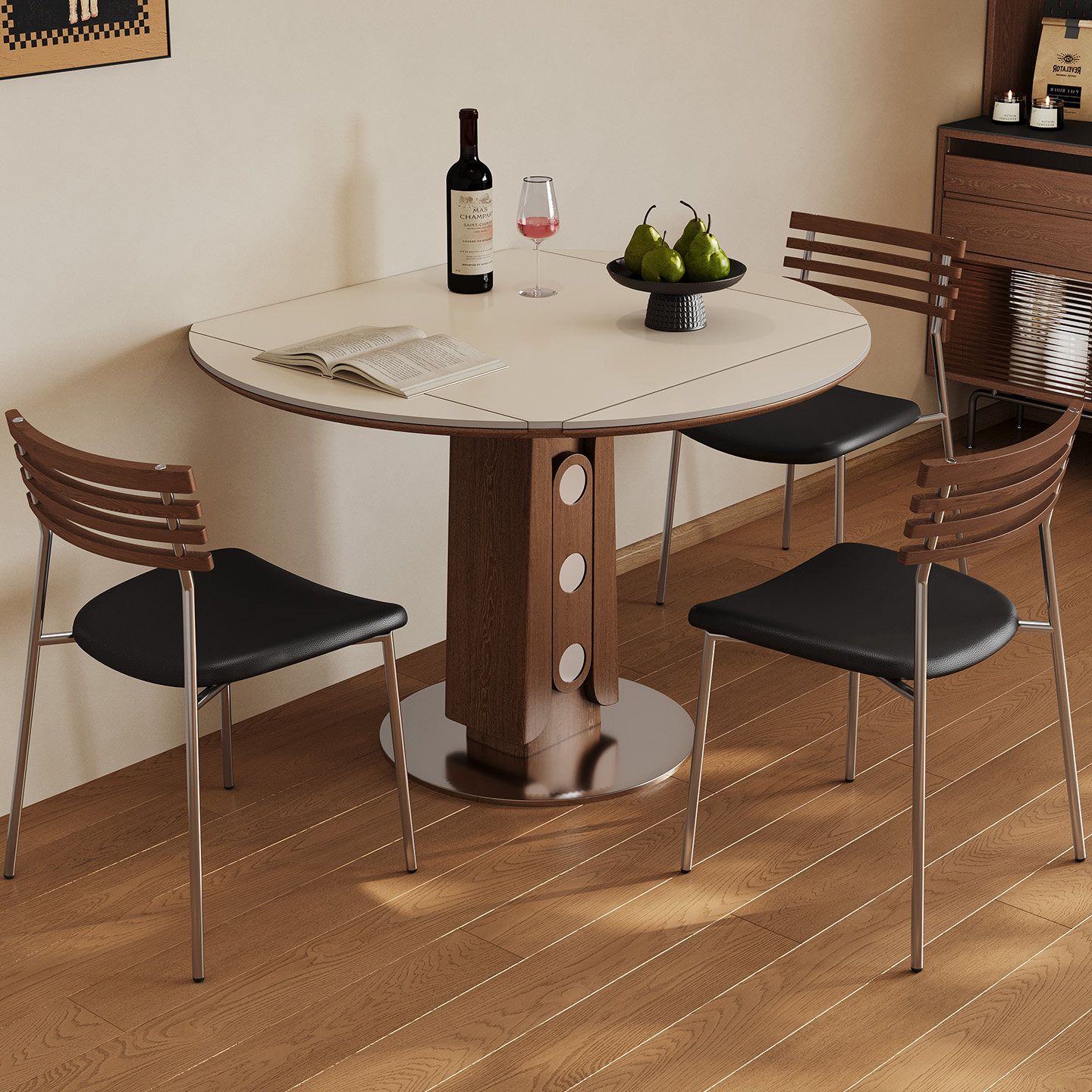 实木伸缩餐桌家用小户型胡桃木色可变圆桌靠墙正方形岩板折叠餐桌