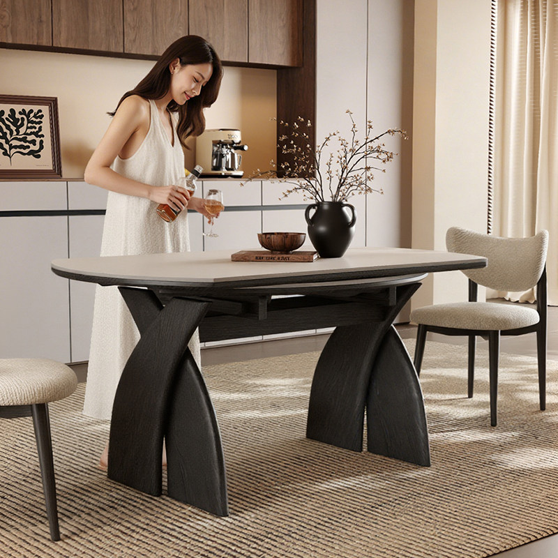 实木圆餐桌可伸缩小户型家用1米2法式复古风白色岩板餐桌可变圆桌