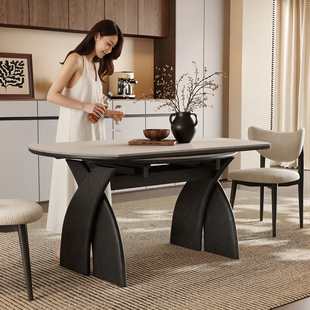 实木圆餐桌可伸缩小户型家用1米2法式 复古风白色岩板餐桌可变圆桌