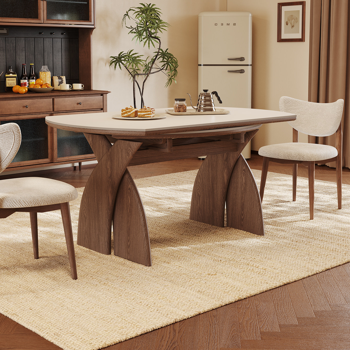 中古风实木折叠餐桌家用2026新款高端可变圆桌小户型纯白岩板餐桌