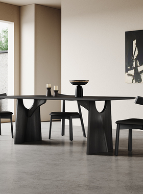 复古黑色岩板餐桌椅小户型家用现代简约法式侘寂风长方形实木餐桌