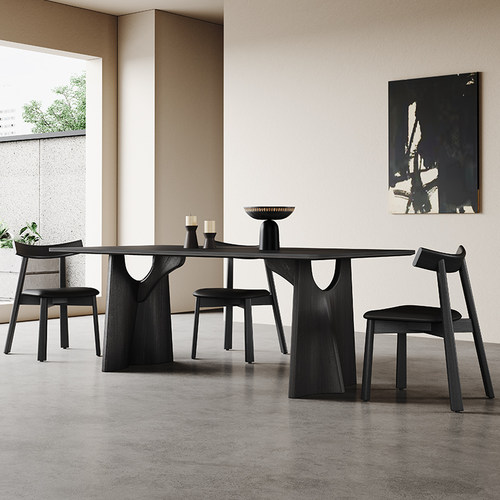 奥古斯特黑色复古实木岩板餐桌