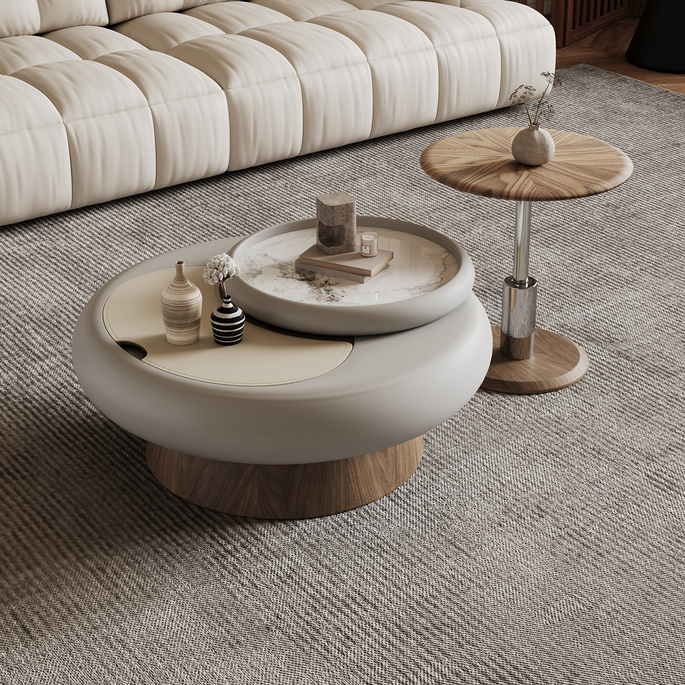 意式轻奢微晶石圆形大小茶几组合小户型客厅可升降储物高级感茶几