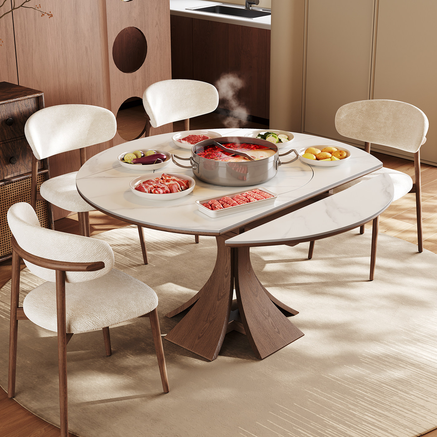实木岩板餐桌家用大户型可伸缩方圆两用暖菜板电磁炉火锅一体圆桌,住宅家具,电磁炉餐桌,淘宝优惠券,粉丝福利购,淘宝优惠卷