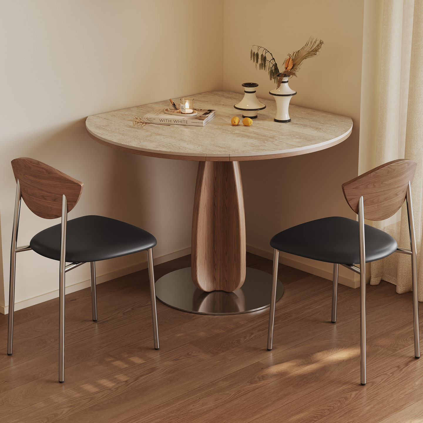 中古圆桌包豪斯弦音胡桃色家用小户型方圆两用可伸缩折叠岩板餐桌