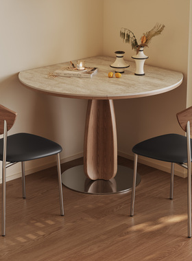 中古圆桌包豪斯弦音胡桃色家用小户型方圆两用可伸缩折叠岩板餐桌