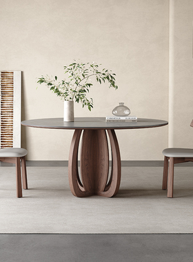中古风实木餐桌圆桌小户型现代简约灰色高端全托北欧圆形岩板餐桌