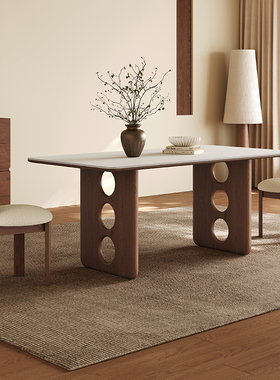 中古风纯白岩板餐桌家用小户型2025新款法式复古长方形实木餐桌椅