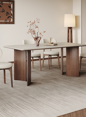 北欧实木岩板餐桌长方形客厅小户型2025新款白蜡木中古风洞石餐桌