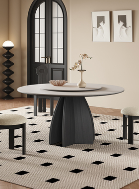 法式实木餐桌家用黑色圆形带转盘意式现代简约纯白复古岩板圆桌