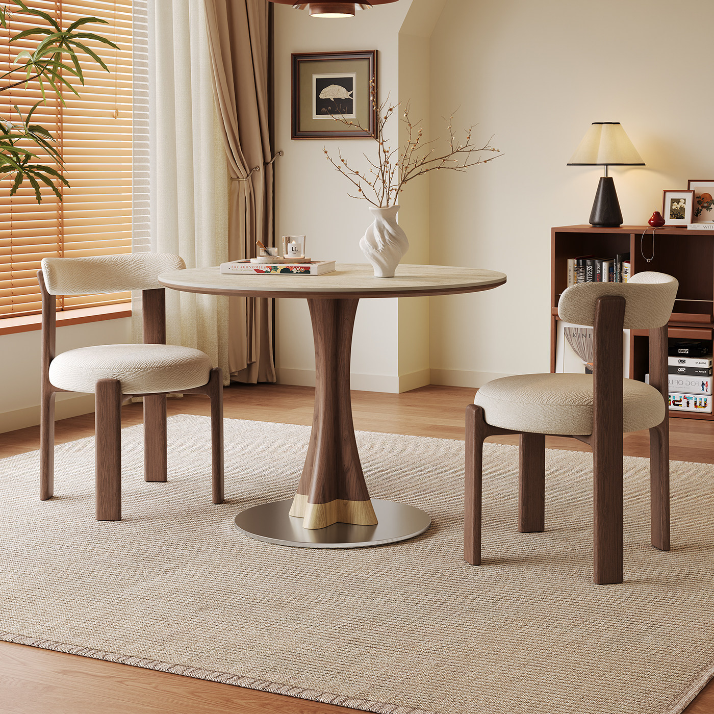 包豪斯圆形餐桌家用小户型2026新款1.2米中古风洞石岩板实木餐