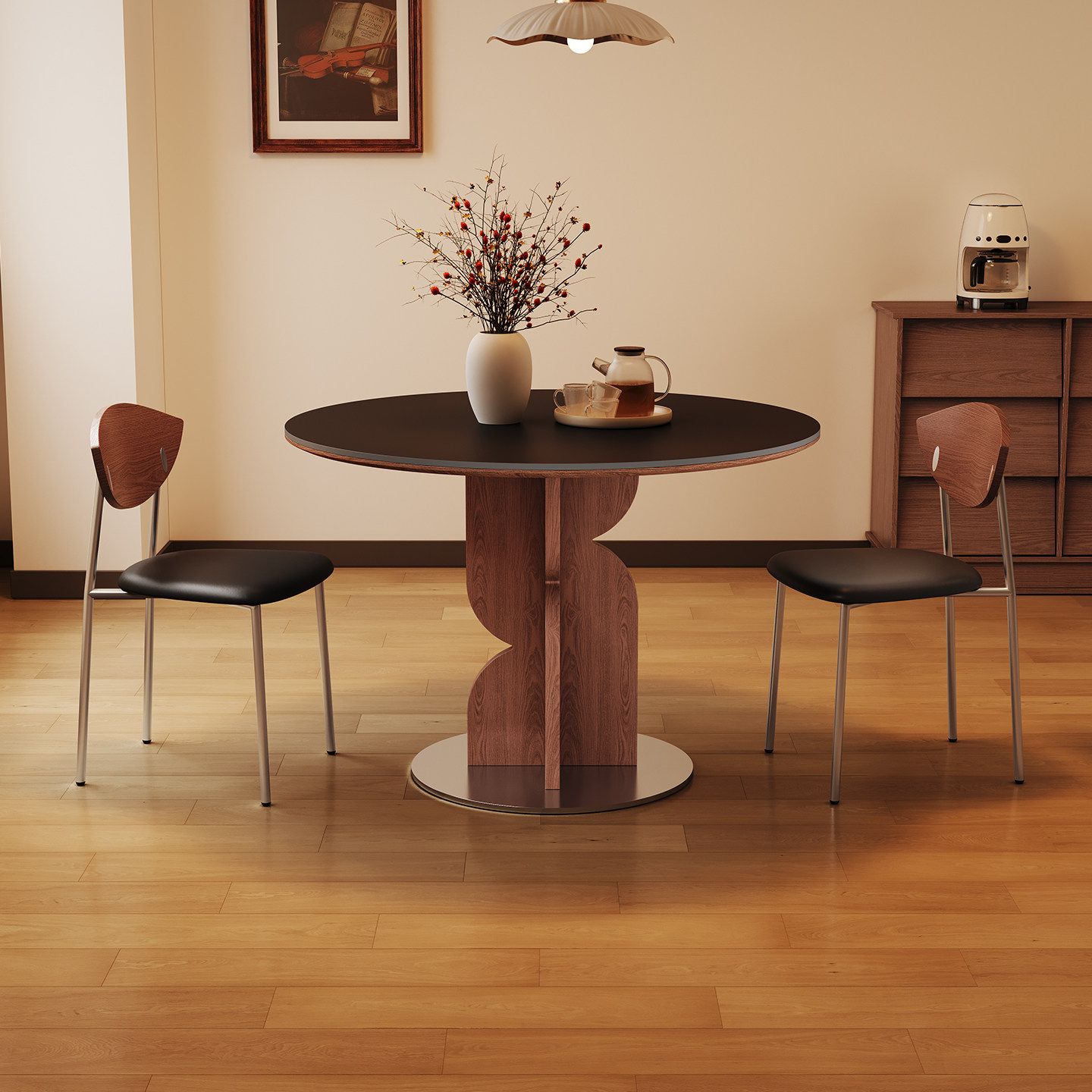 中古圆形实木餐桌家用小户型2026新款轻奢侘寂风复古纯黑岩板餐桌