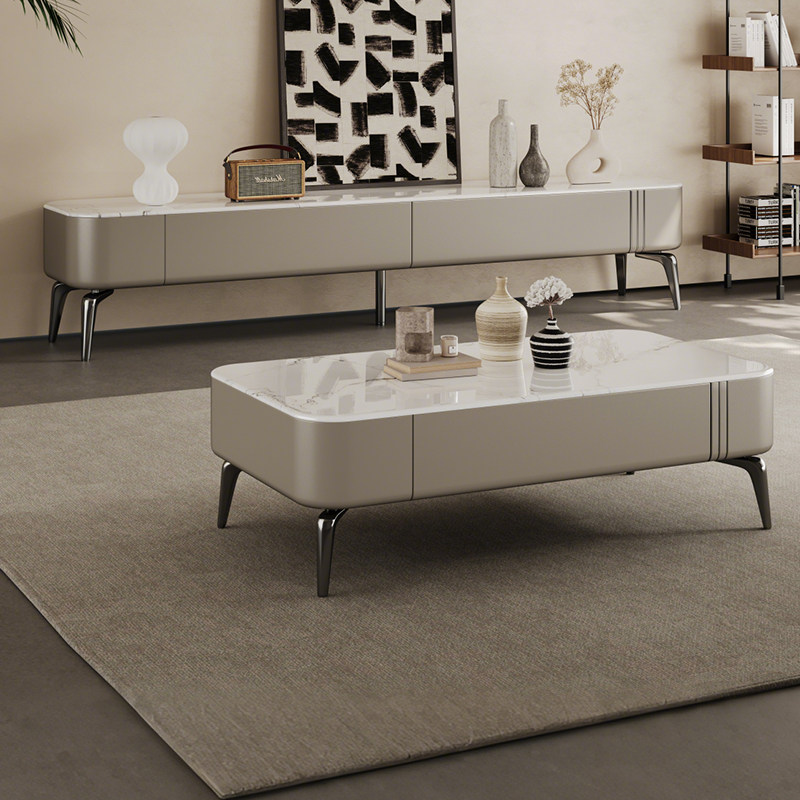 意式极简微晶石茶几长方形带储物抽屉家用小户型客厅茶几电视机柜