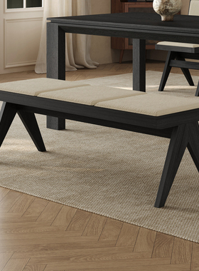 中古风实木长凳长条黑色设计师软包小户型法式复古两人长方形餐椅