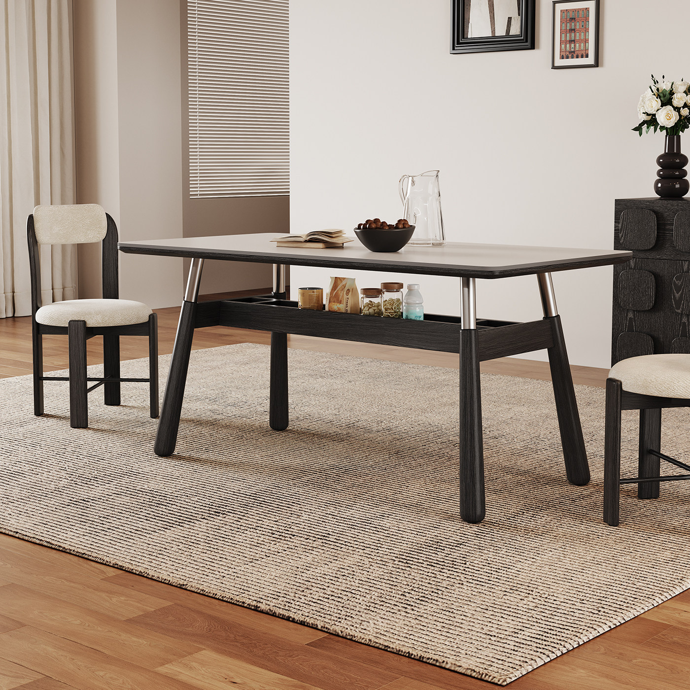 实木餐桌长方形家用双层储物现代轻奢简约小户型高端纯白岩板餐桌