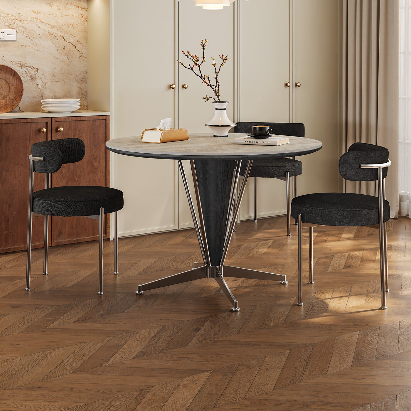 复古风岩板餐桌圆形家用2026新款客厅高端意式极简不锈钢实木餐桌