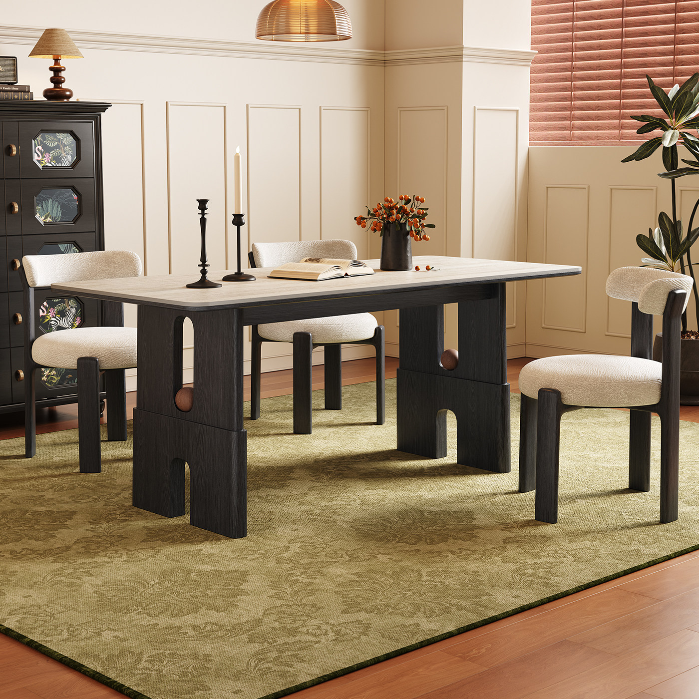 实木餐桌长方形2026新款家用小户型饭桌子复古中古风洞石岩板餐桌