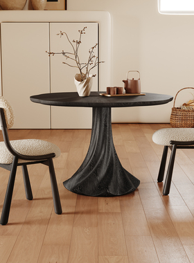 法式复古实木圆桌家用小户型1米洽谈桌现代简约黑色纯实木餐桌