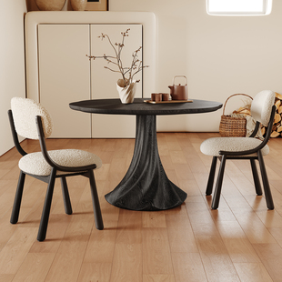 法式 复古实木圆桌家用小户型1米洽谈桌现代简约黑色纯实木餐桌