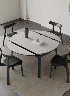 复古实木圆形餐桌现代简约黑色全托意式极简客厅家用伸缩岩板餐桌