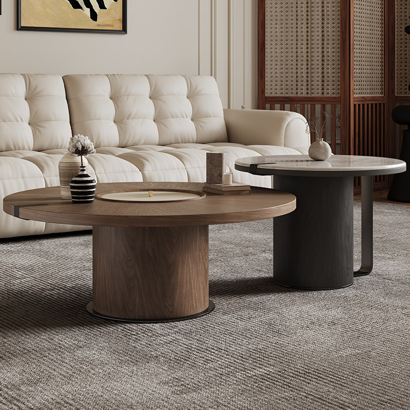 中古风微晶石茶几2025新款家用胡桃色奶油风简约高级感大小圆茶几