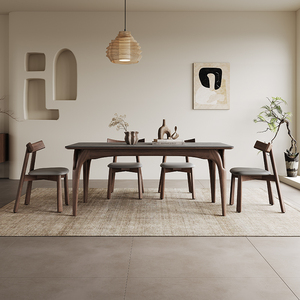 哑光岩板实木餐桌现代简约长方形家用胡桃色意式侘寂风白蜡木餐桌