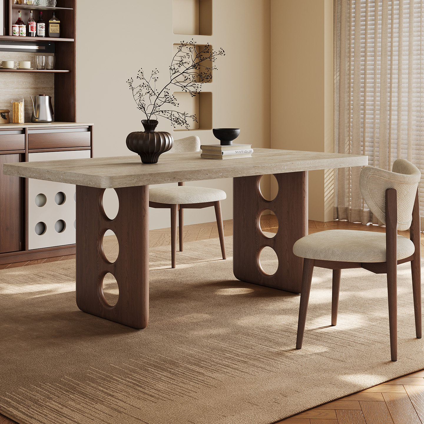 中古实木餐桌长方形家用客厅饭桌侘寂风新款下挂加厚洞石岩板餐桌,住宅家具,岩板餐桌,淘宝优惠券,粉丝福利购,淘宝优惠卷