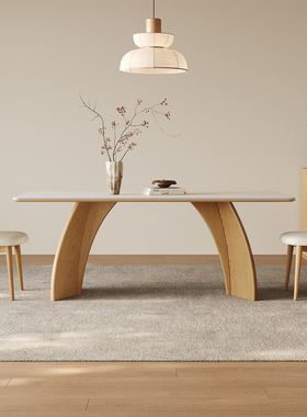 奶油原木风实木餐桌长方形家用日系简约小户型玛奇朵白色岩板餐桌