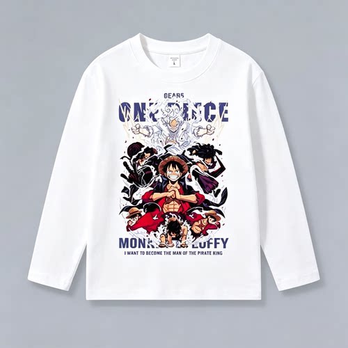 ONE PIECE衣服海贼王路飞长袖T恤秋冬季儿童纯棉打底衫圆领上衣