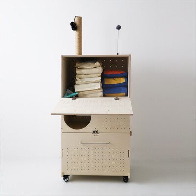 purrknave猫用品收纳箱适配猫厕所顶部置物箱带猫抓柱木质储物柜