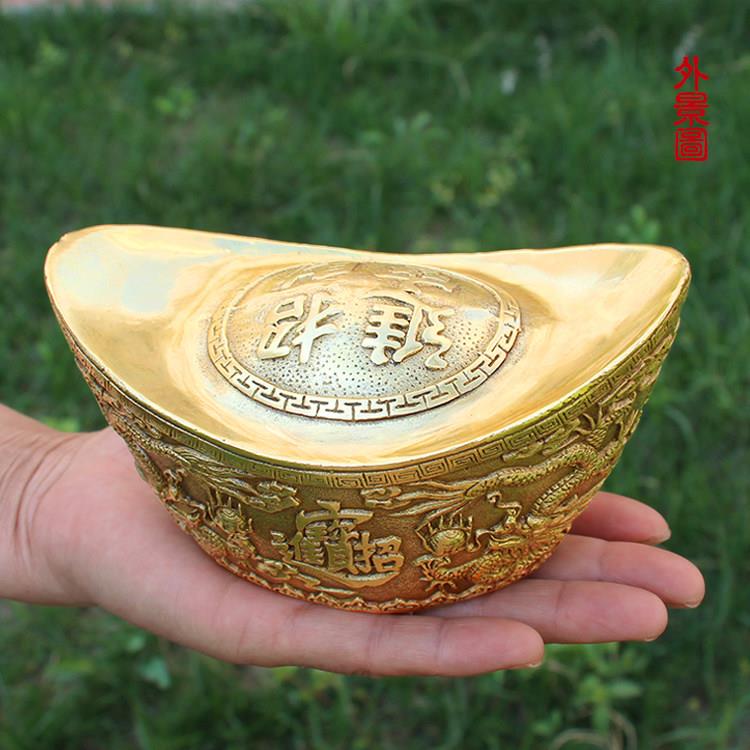 黄铜元宝摆件大号五路财神聚宝盆装饰品仿真金元宝客厅店铺工艺品