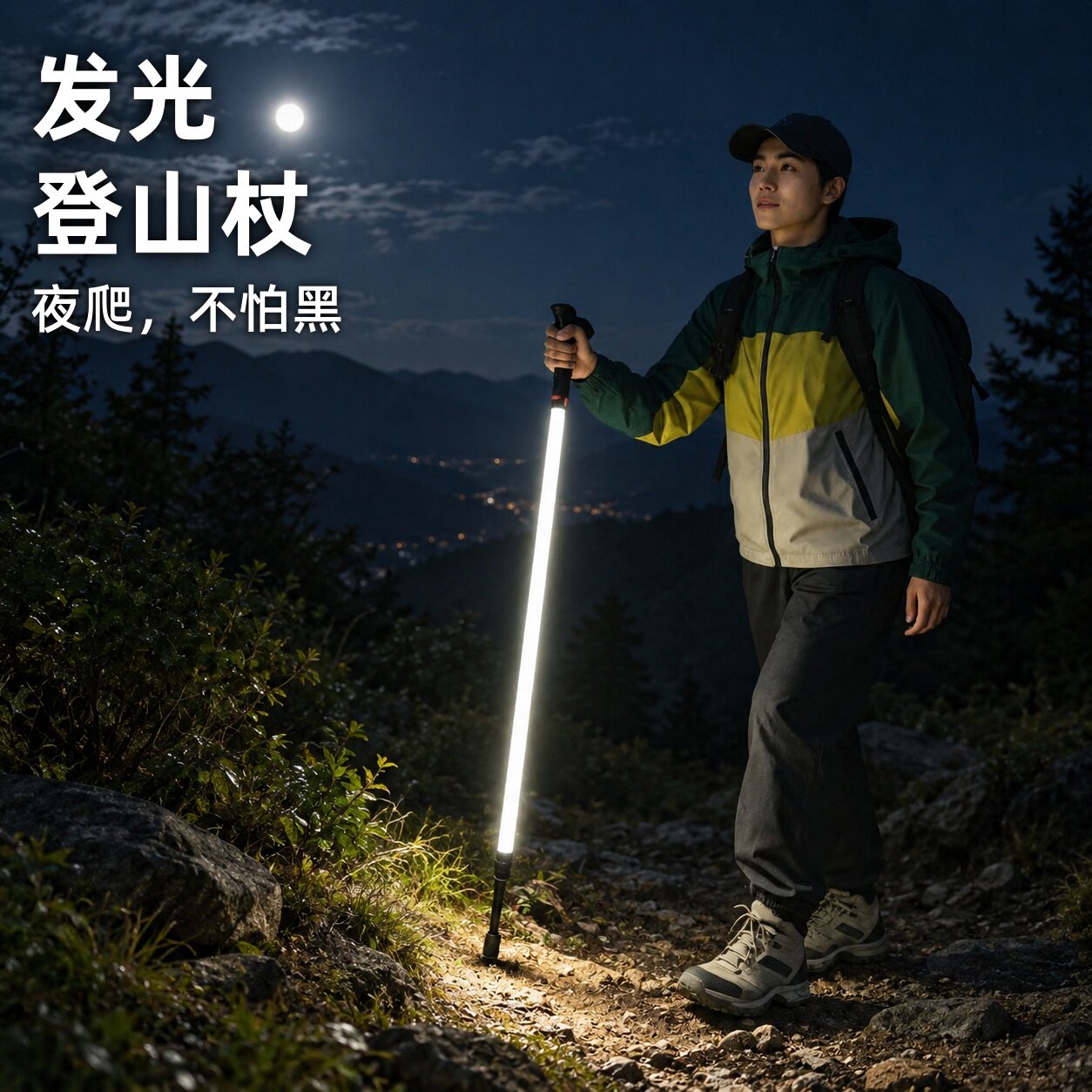 登山杖发光户外神器徒步专业夜爬照明轻量登山棍防水拐杖带灯手杖