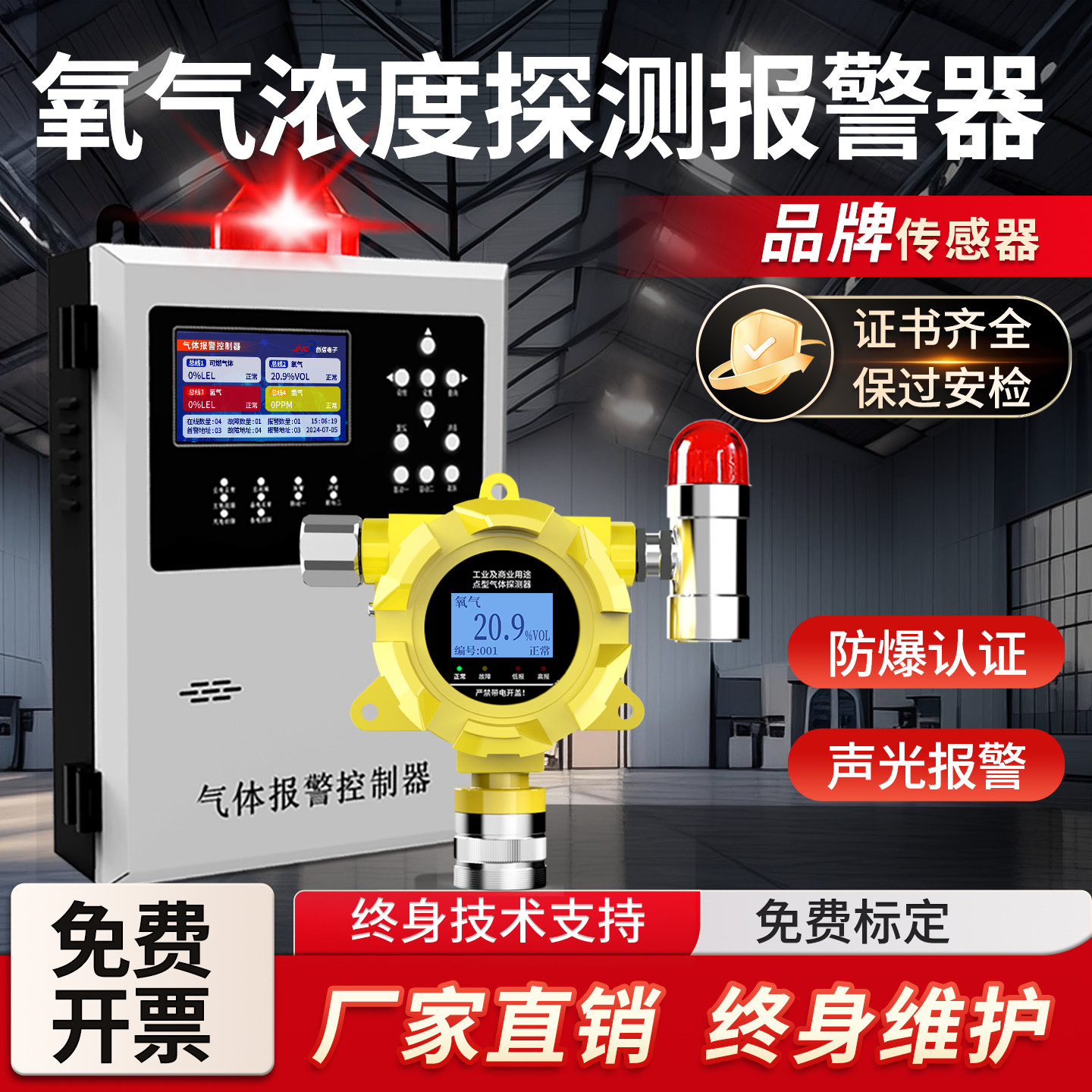 氧气浓度报警器固定式氧含量检测仪工业防爆O2探测医院气瓶室实验