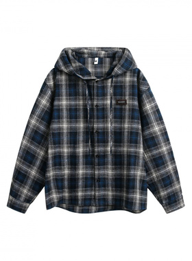 ENDLESS DESIRE 撞色格纹美式连帽长袖衬衫男女复古街头宽松休闲